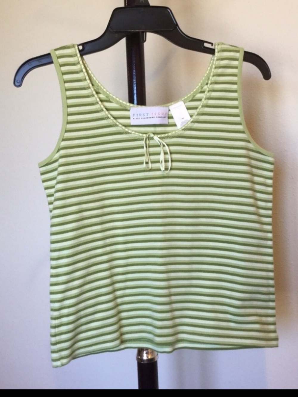 Vintage First Issue Liz Claiborne Petite Striped Tank Green White Bow M